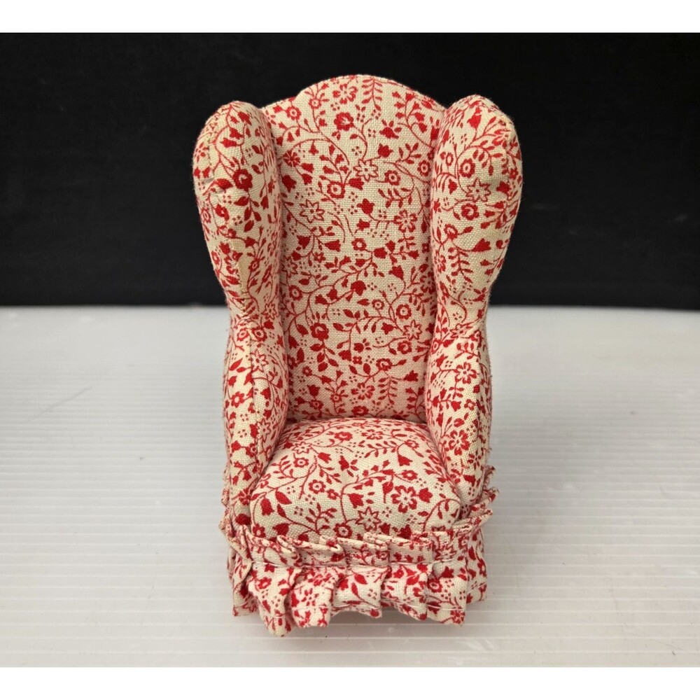 Vintage Dollhouse Miniature Upholstered Floral Wing Back Arm Chair 1:12
